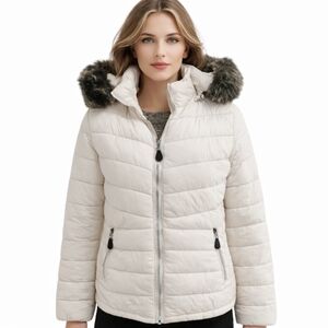 How Dare U White Faux Fur Lined Puffer Jacket Removable Hood Size M